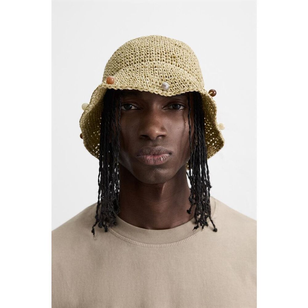 Zara Beige Crochet Bucket Hat with Bead Accents